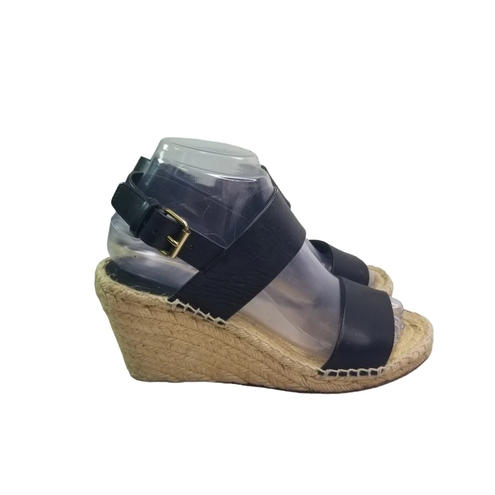 Celine black leather double strap wedge espadrille sandals